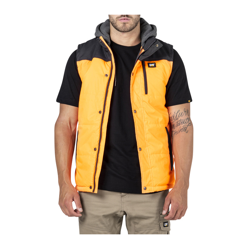 Caterpillar Hi Vis Hooded Work Philippines - Mens Vests - Orange/Black 76091OVSM